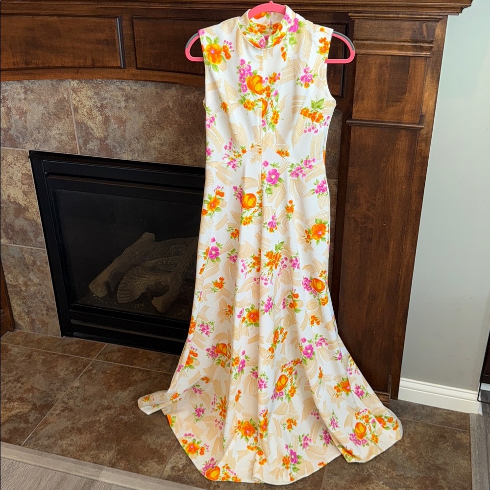 Vintage retro mid century floral sleeveless maxi dress boho trad wife est XS/S